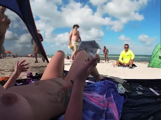 Exhibitionist Wife 511 - Mrs Kiss gives us her NUDE BEACH POV view of a VOYEUR JERKING Not present take front of her and several other men watching!